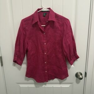 Lauren Ralph Lauren Women's Hot Pink 100% Linen Button Up Blouse Size XS